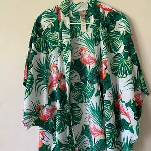 Chico's Green Leaf and Flamingo Print Open Front Ruana/cardigan